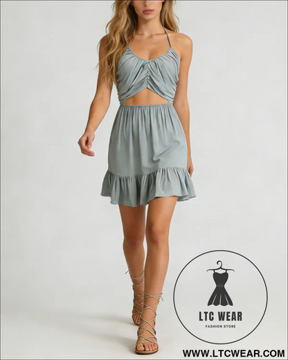 Women's fashionable V-neck cutout waist gathered back halter neck dress - L.T.C Wear Online Fashion Store