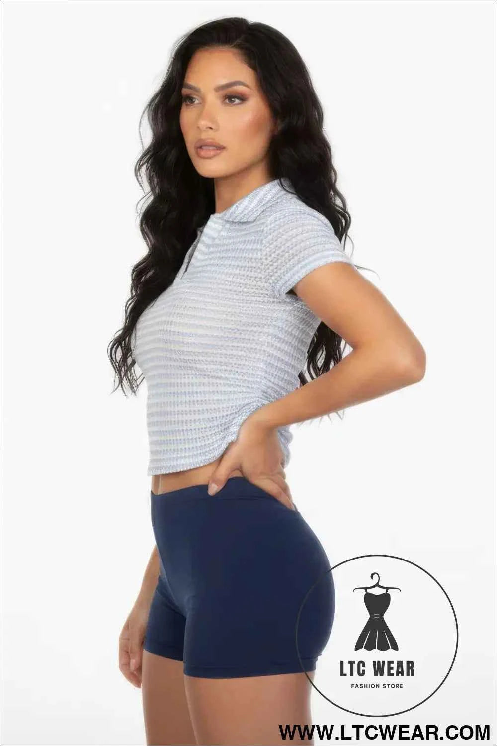 Women's Pineapple Knit Striped Polo Crop Top
