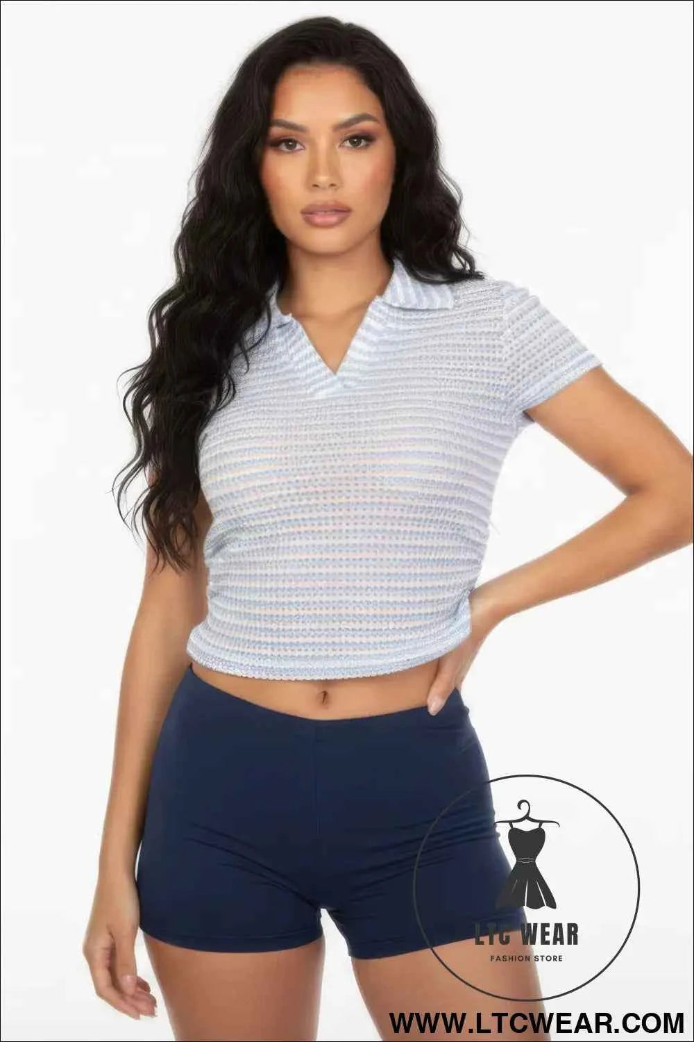 Women's Pineapple Knit Striped Polo Crop Top
