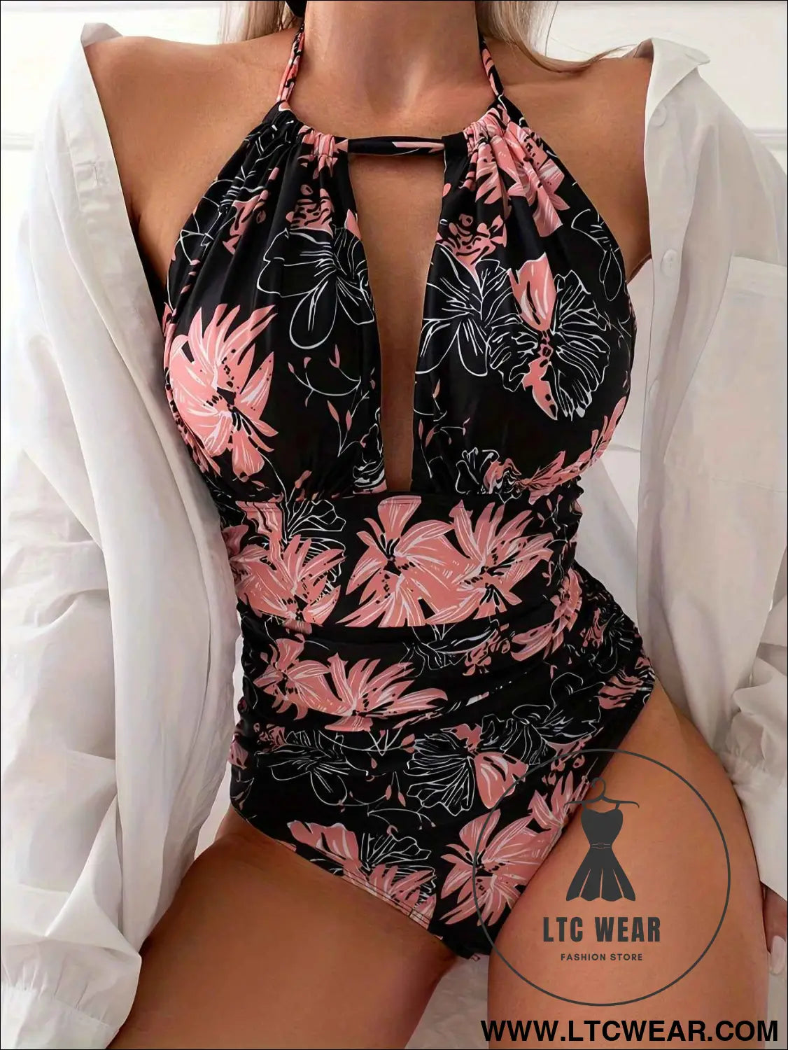 Women's Sexy Floral Print Halter Neck Tie One-Piece Swimsuit, Beachwear For Summer