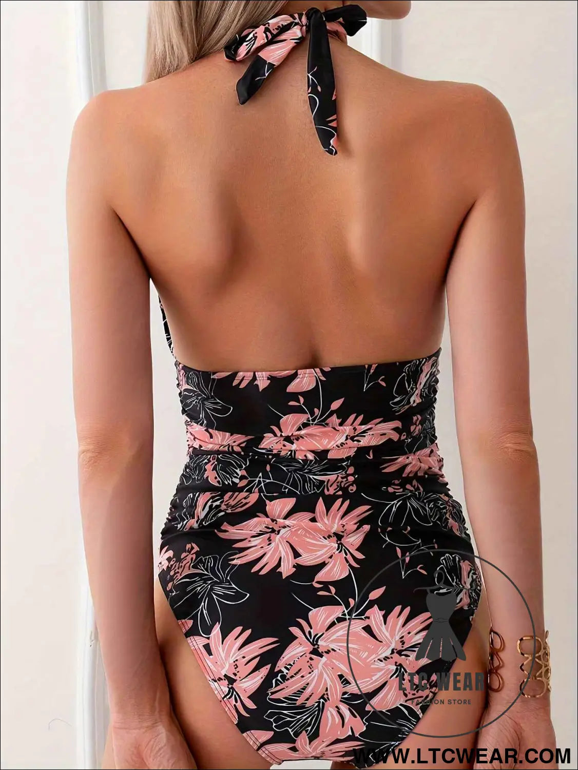 Women's Sexy Floral Print Halter Neck Tie One-Piece Swimsuit, Beachwear For Summer
