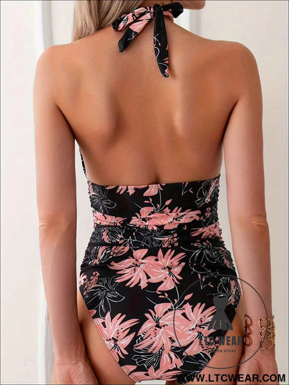 Women's Sexy Floral Print Halter Neck Tie One-Piece Swimsuit, Beachwear For Summer