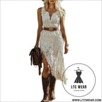 Women’s vintage bohemian white lace sleeveless mid-length dress