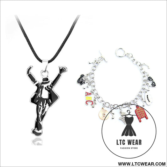 World dance king michael jackson themed bracelet set with cool dance pose necklace jewelry