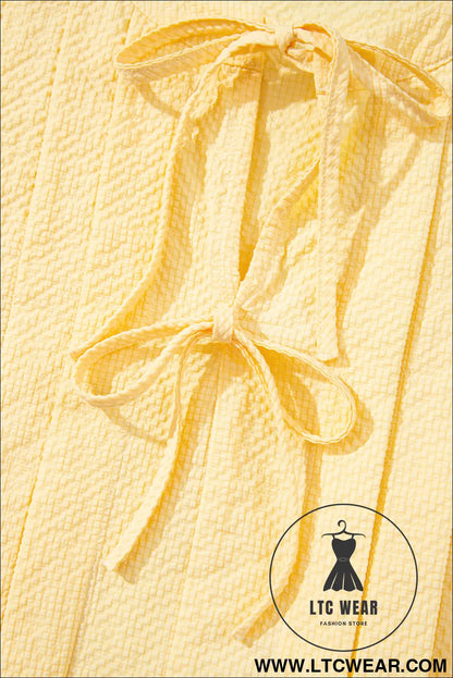 Yellow Cream Bow Tie Notched Neck Pleated Sleeveless Top - L.T.C Wear Online Fashion Store