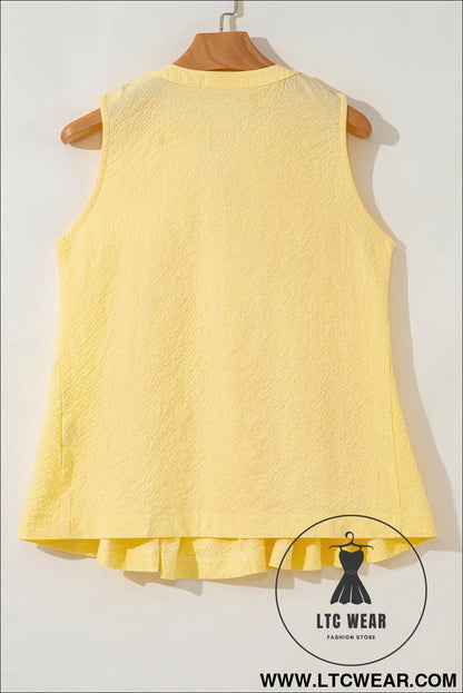 Yellow Cream Bow Tie Notched Neck Pleated Sleeveless Top - L.T.C Wear Online Fashion Store