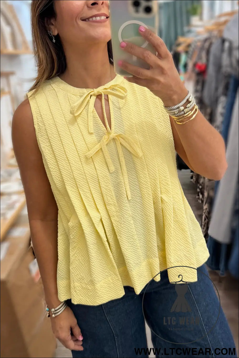 Yellow Cream Bow Tie Notched Neck Pleated Sleeveless Top - L.T.C Wear Online Fashion Store