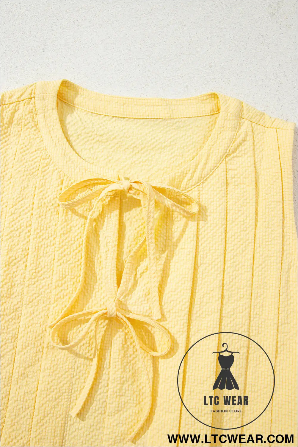 Yellow Cream Bow Tie Notched Neck Pleated Sleeveless Top - L.T.C Wear Online Fashion Store
