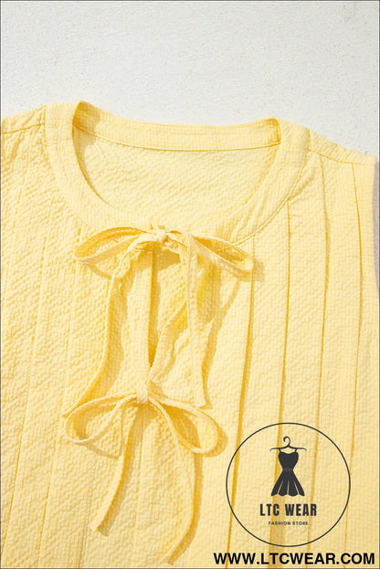 Yellow Cream Bow Tie Notched Neck Pleated Sleeveless Top - L.T.C Wear Online Fashion Store