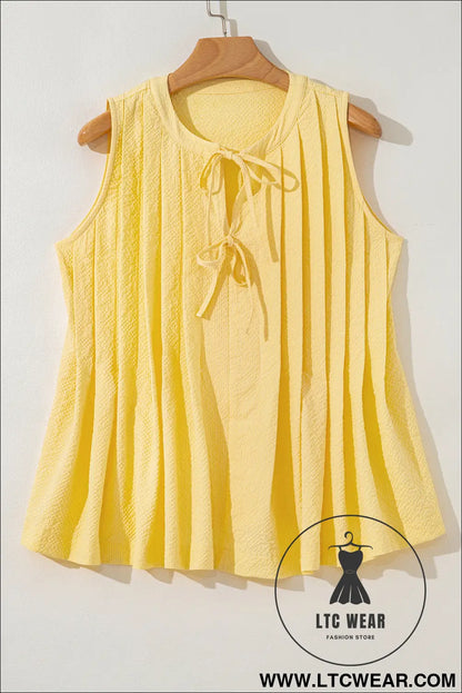 Yellow Cream Bow Tie Notched Neck Pleated Sleeveless Top - L.T.C Wear Online Fashion Store