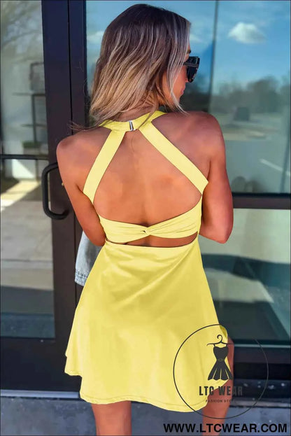 Yellow Cream Daring Back Cutout Active Mini Dress with Shorts
