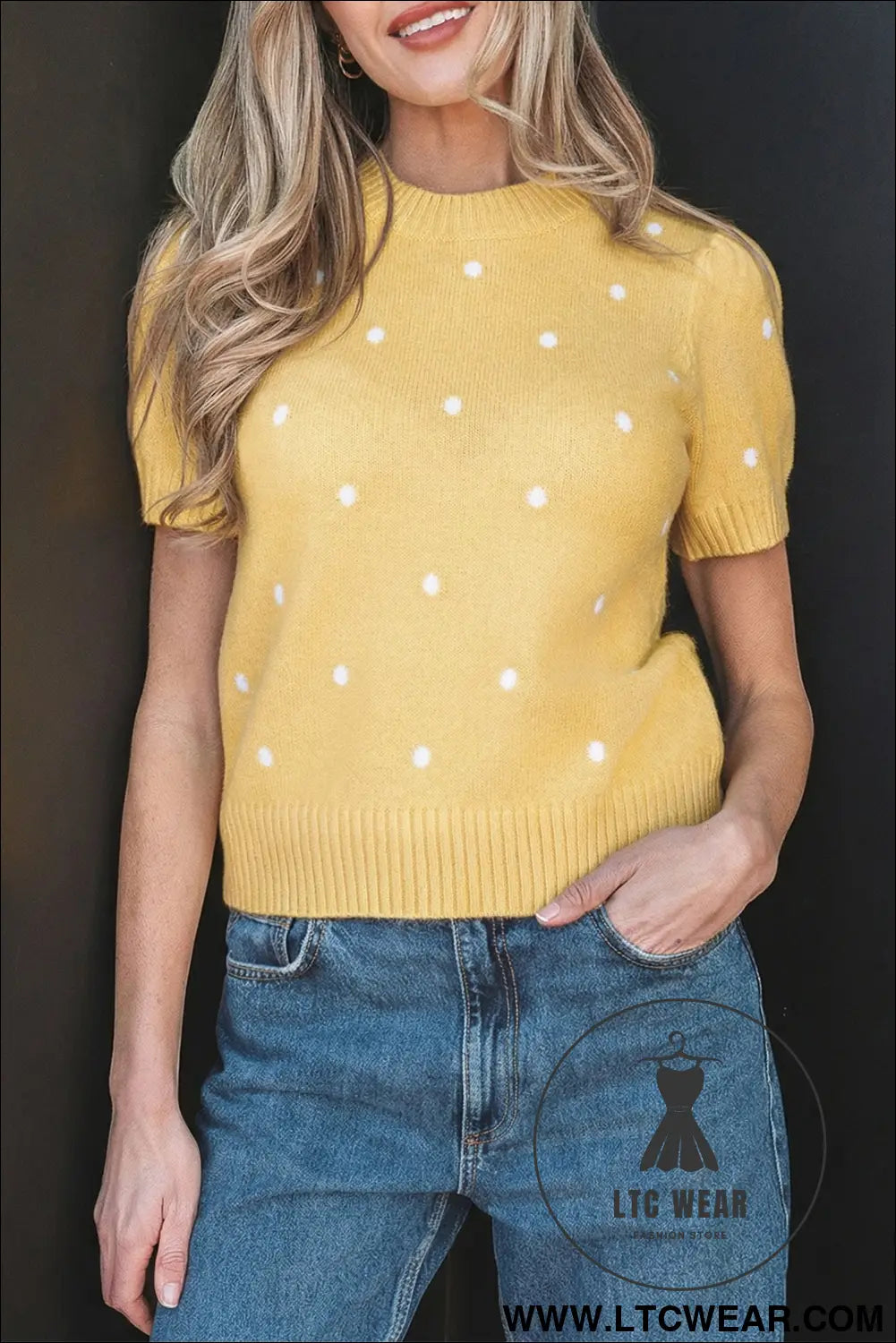 Yellow cream elegant polka dot bubble short sleeve sweater - yellow cream / l / 52% viscose + 26% polyester + 22%