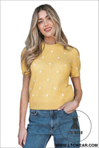 Yellow cream elegant polka dot bubble short sleeve sweater - short sleeve sweaters