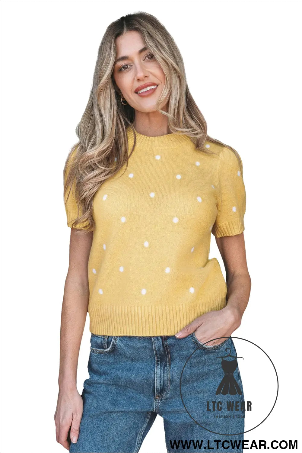 Yellow cream elegant polka dot bubble short sleeve sweater - short sleeve sweaters