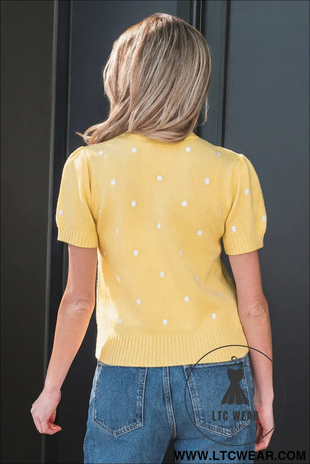 Yellow cream elegant polka dot bubble short sleeve sweater - short sleeve sweaters