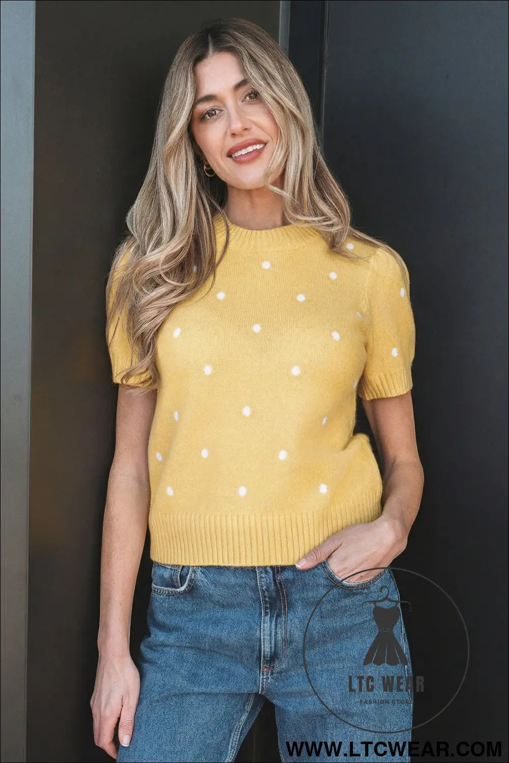 Yellow cream elegant polka dot bubble short sleeve sweater - short sleeve sweaters
