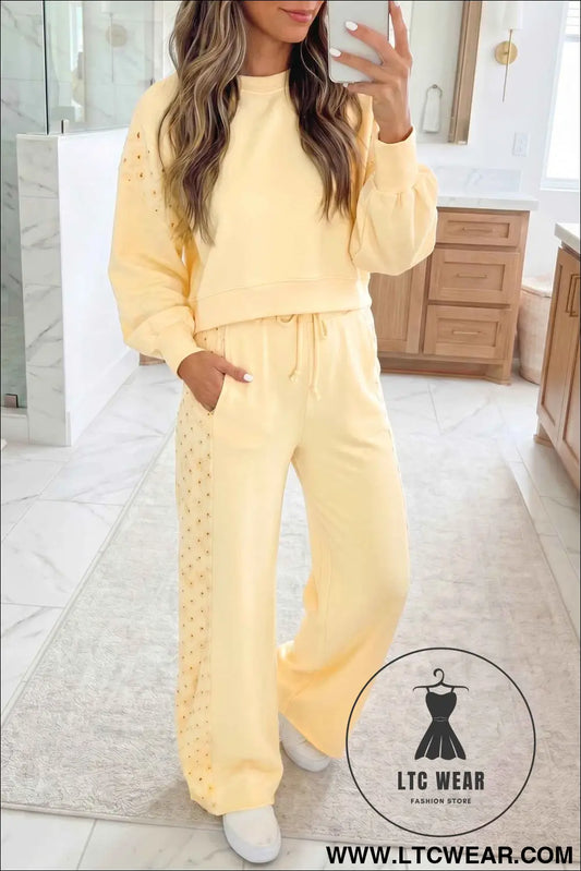Yellow Cream Eyelet Embroidered Lace Patchwork Cropped Pullover Drawstring Pants Set