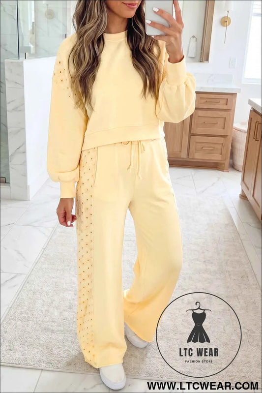 Yellow Cream Eyelet Embroidered Lace Patchwork Cropped Pullover Drawstring Pants Set