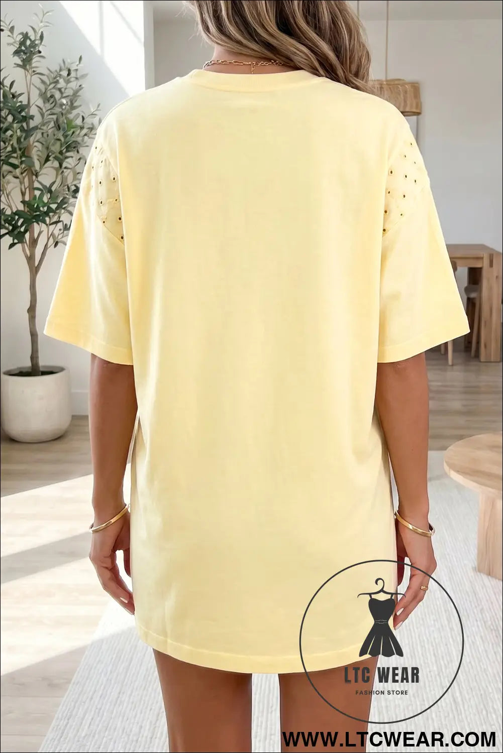 Yellow cream eyelet embroidered lace splicing sleeve loose t shirt dress - dresses/mini dresses