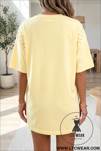 Yellow cream eyelet embroidered lace splicing sleeve loose t shirt dress - dresses/mini dresses
