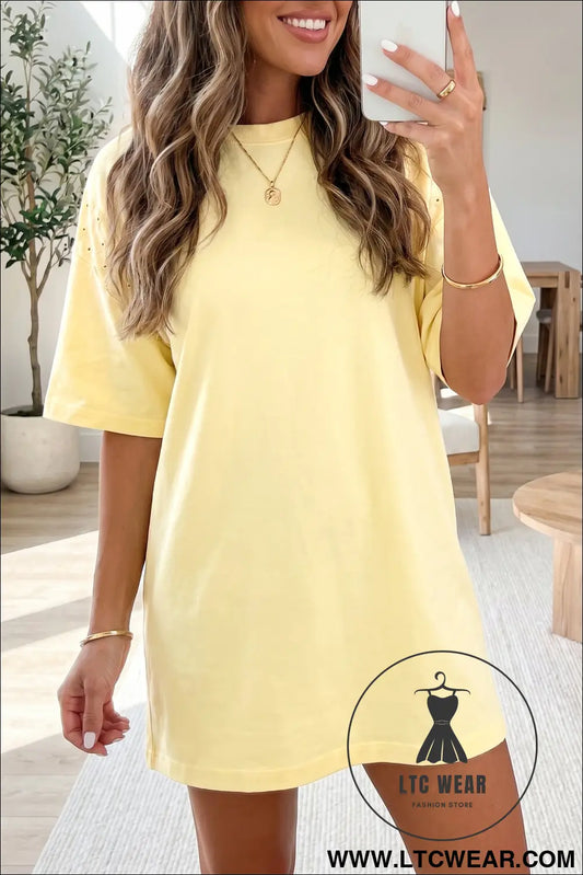 Yellow cream eyelet embroidered lace splicing sleeve loose t shirt dress - dresses/mini dresses