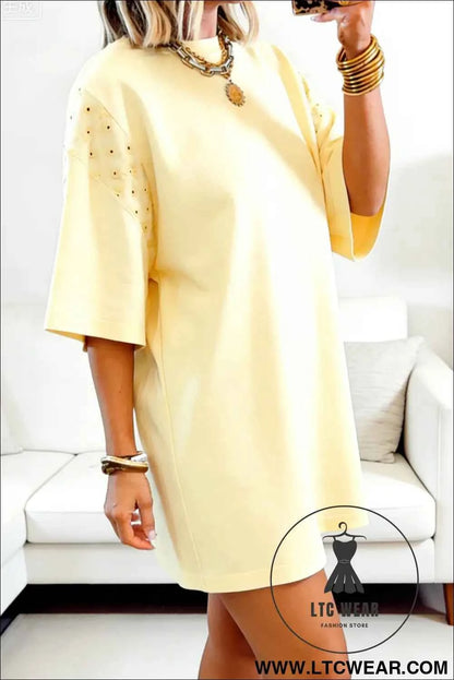 Yellow Cream Eyelet Embroidered Lace Splicing Sleeve Loose T Shirt Dress