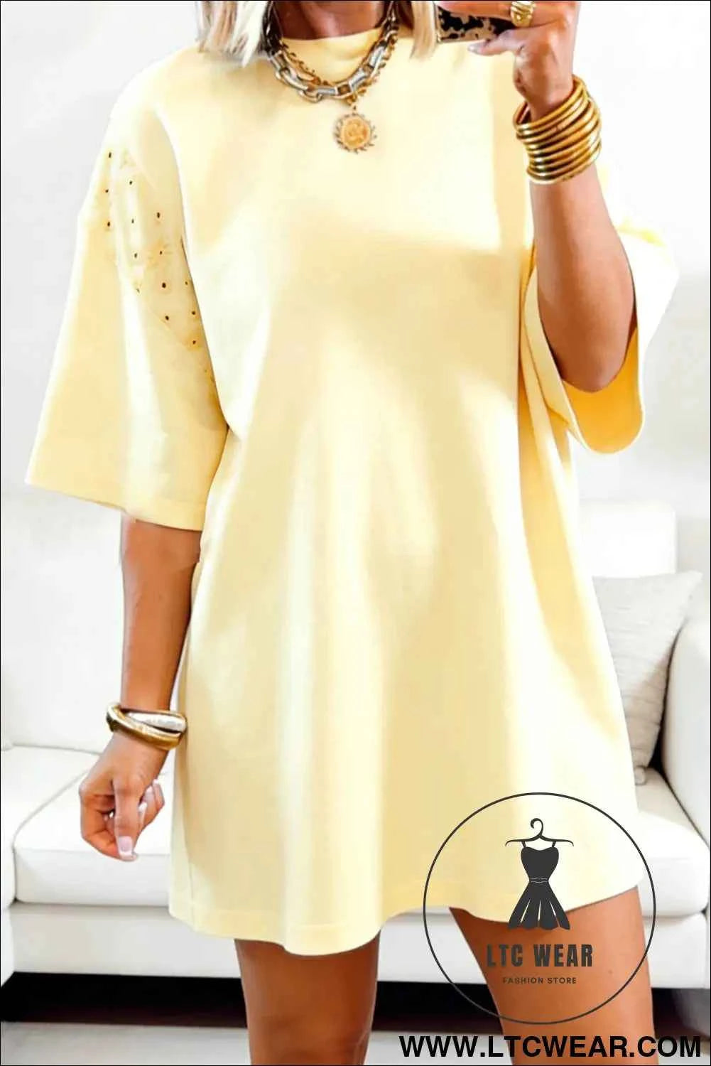 Yellow Cream Eyelet Embroidered Lace Splicing Sleeve Loose T Shirt Dress