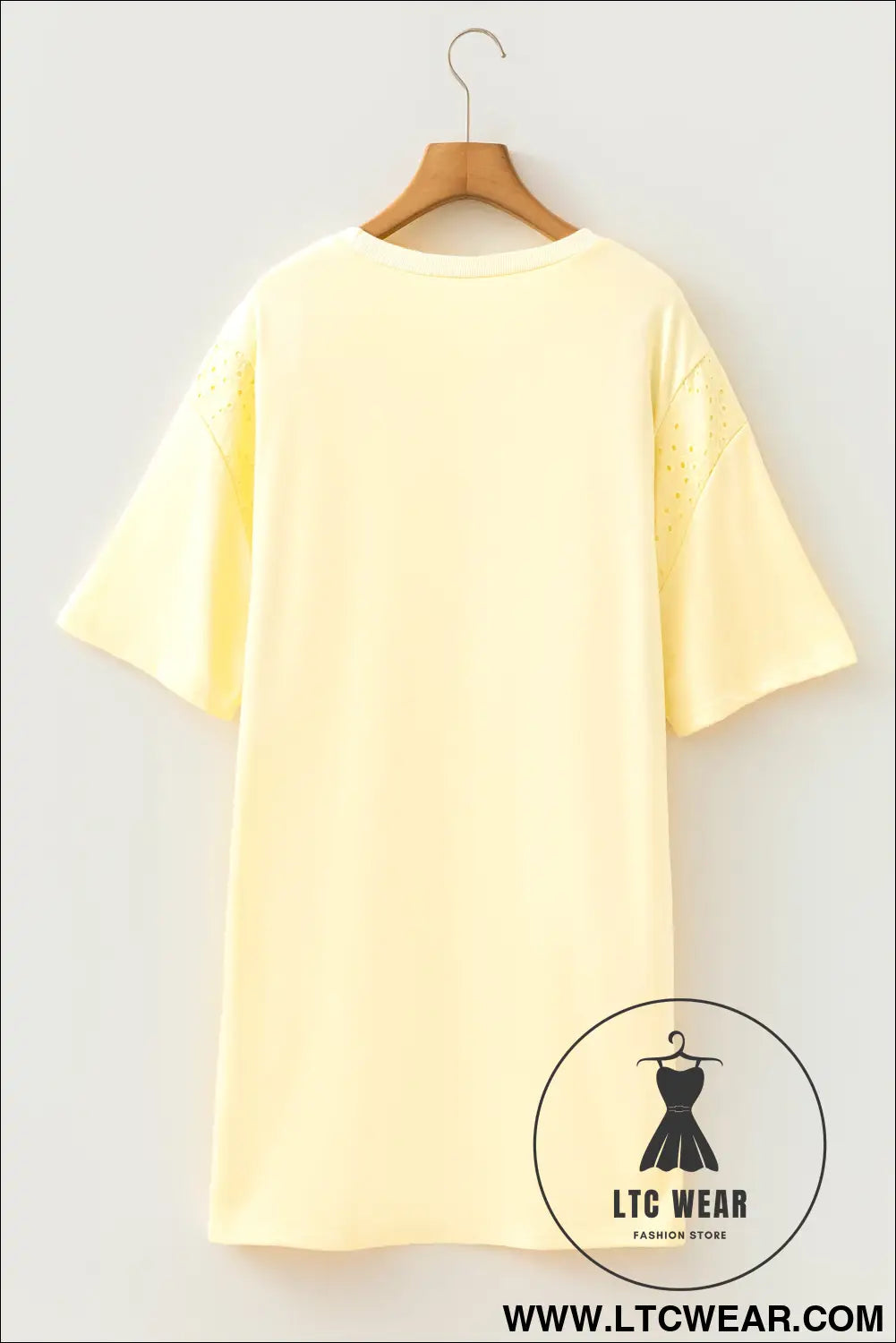 Yellow cream eyelet embroidered lace splicing sleeve loose t shirt dress - dresses/mini dresses