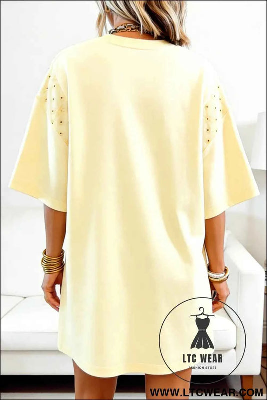 Yellow Cream Eyelet Embroidered Lace Splicing Sleeve Loose T Shirt Dress