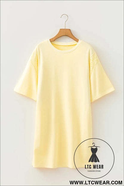 Yellow cream eyelet embroidered lace splicing sleeve loose t shirt dress - dresses/mini dresses