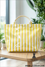 Yellow cream glossy striped vinyl large tote bag - yellow cream / one size / 95% pu + 5% alloy - handbags