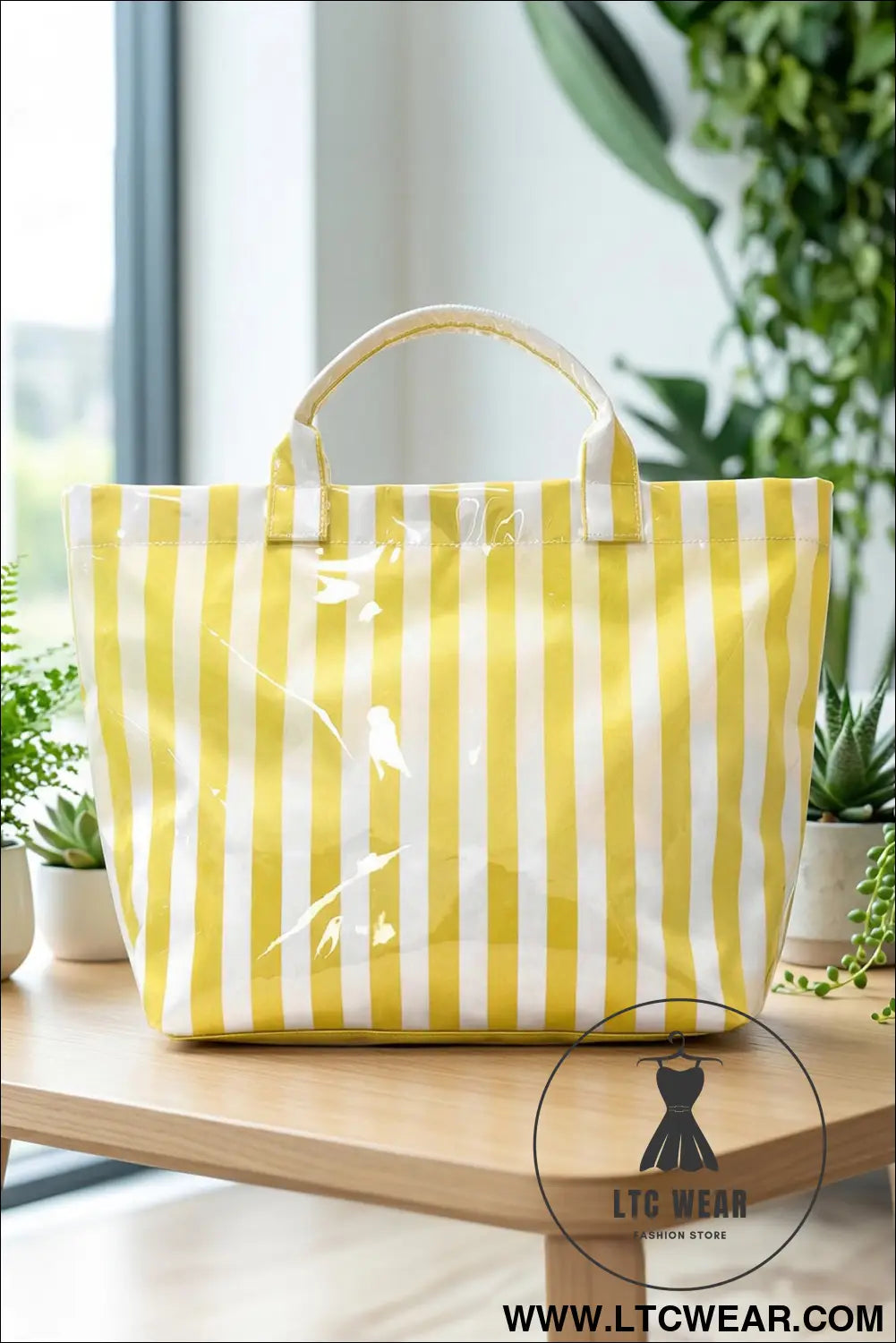 Yellow cream glossy striped vinyl large tote bag - yellow cream / one size / 95% pu + 5% alloy - handbags