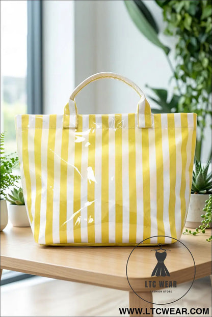 Yellow cream glossy striped vinyl large tote bag - yellow cream / one size / 95% pu + 5% alloy - handbags