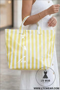 Yellow cream glossy striped vinyl large tote bag - yellow cream / one size / 95% pu + 5% alloy - handbags