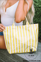 Yellow cream glossy striped vinyl large tote bag - yellow cream / one size / 95% pu + 5% alloy - handbags