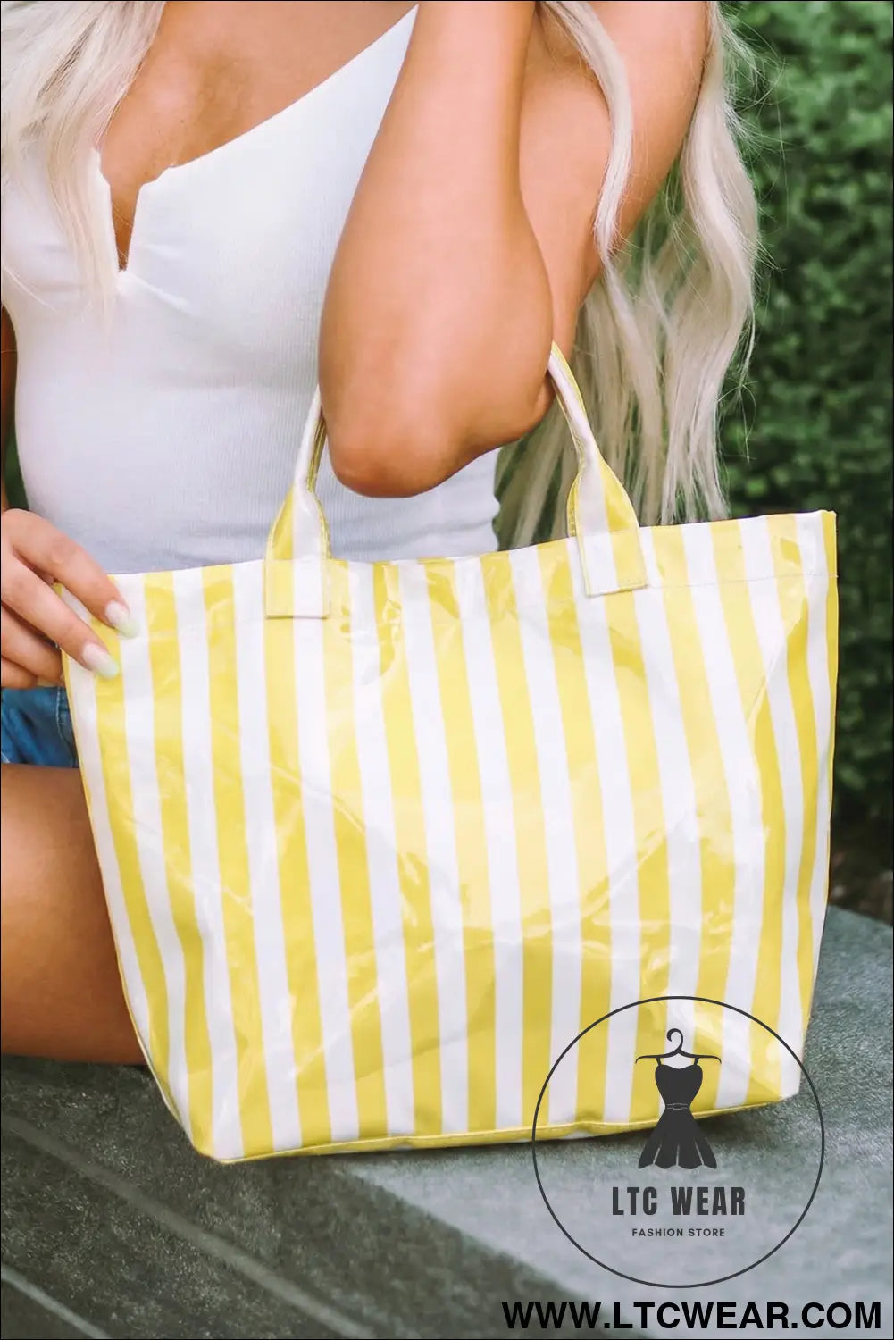 Yellow cream glossy striped vinyl large tote bag - yellow cream / one size / 95% pu + 5% alloy - handbags