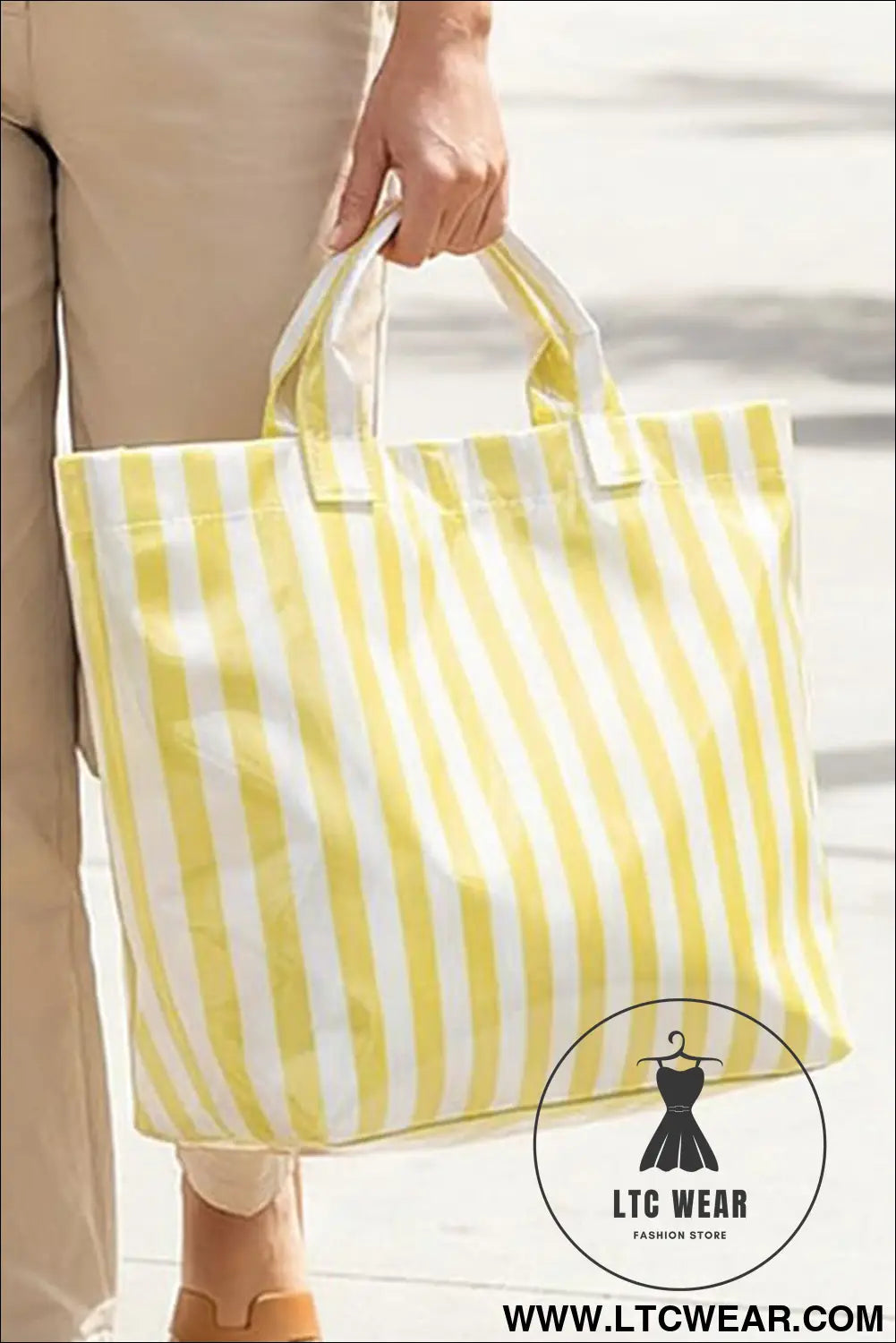 Yellow cream glossy striped vinyl large tote bag - yellow cream / one size / 95% pu + 5% alloy - handbags