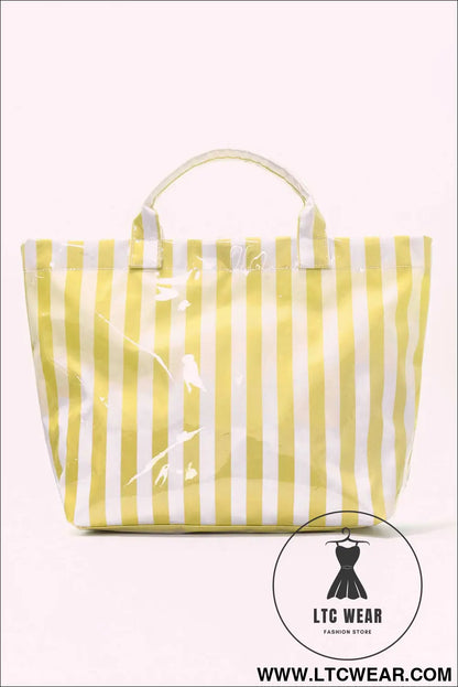 Yellow cream glossy striped vinyl large tote bag - yellow cream / one size / 95% pu + 5% alloy - handbags