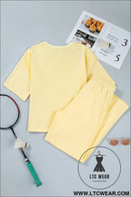Yellow cream lace patchwork half sleeve top elastic waist pants two piece set - pant sets