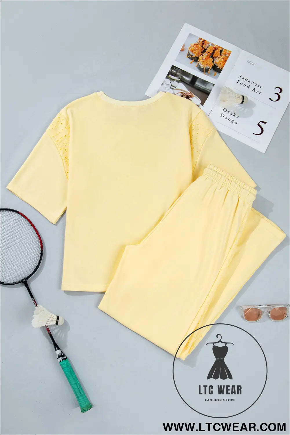 Yellow cream lace patchwork half sleeve top elastic waist pants two piece set - pant sets