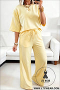 Yellow cream lace patchwork half sleeve top elastic waist pants two piece set - yellow cream / l / 80% cotton + 20%