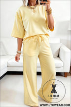 Yellow cream lace patchwork half sleeve top elastic waist pants two piece set - yellow cream / l / 80% cotton + 20%