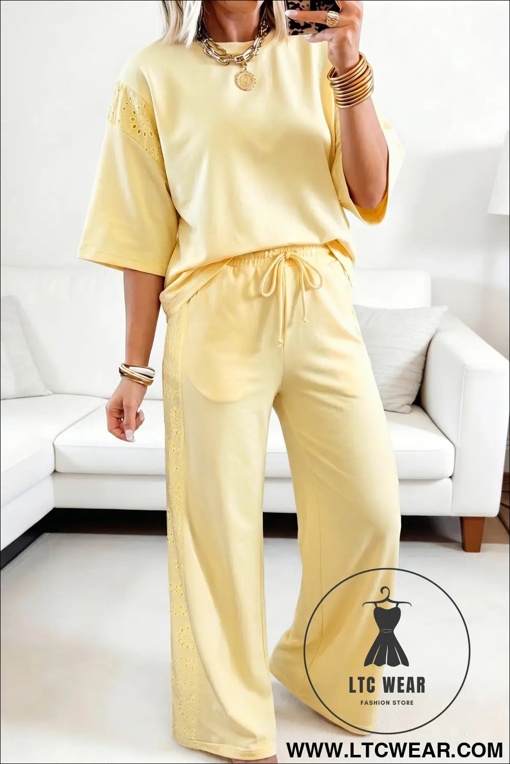 Yellow cream lace patchwork half sleeve top elastic waist pants two piece set - yellow cream / l / 80% cotton + 20%