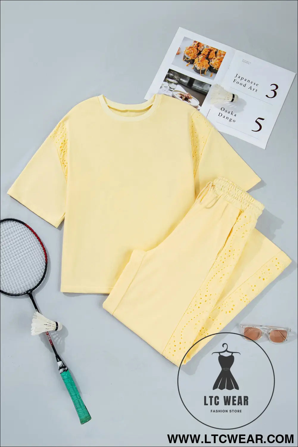 Yellow cream lace patchwork half sleeve top elastic waist pants two piece set - pant sets