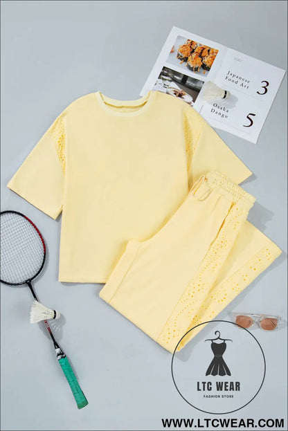 Yellow cream lace patchwork half sleeve top elastic waist pants two piece set - pant sets