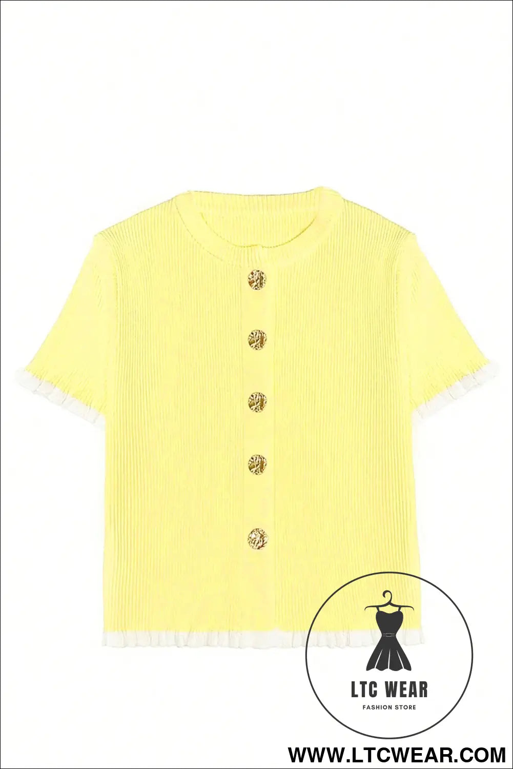 Yellow Cream Ribbed Knit Contrast Frilled Short Sleeve Sweater Cardigan - L.T.C Wear Online Fashion Store