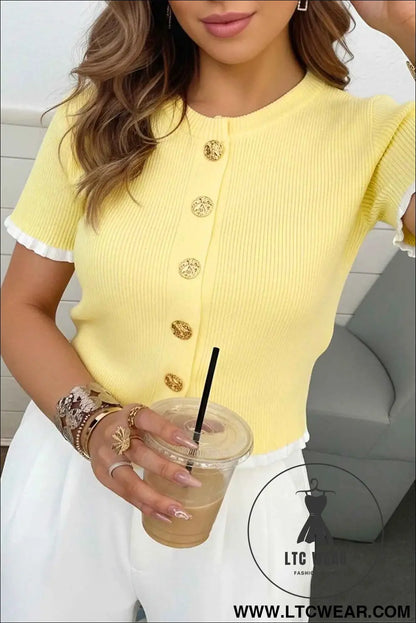 Yellow Cream Ribbed Knit Contrast Frilled Short Sleeve Sweater Cardigan