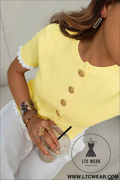 Yellow Cream Ribbed Knit Contrast Frilled Short Sleeve Sweater Cardigan