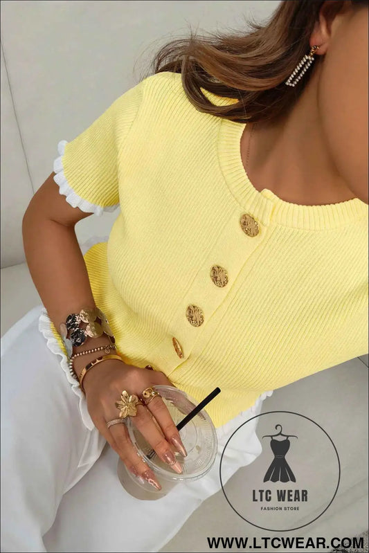 Yellow Cream Ribbed Knit Contrast Frilled Short Sleeve Sweater Cardigan