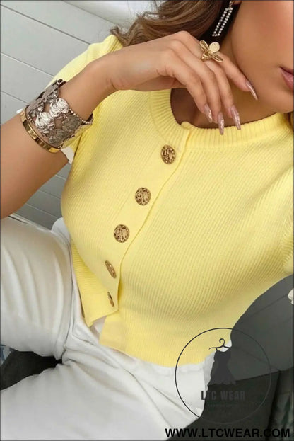 Yellow Cream Ribbed Knit Contrast Frilled Short Sleeve Sweater Cardigan